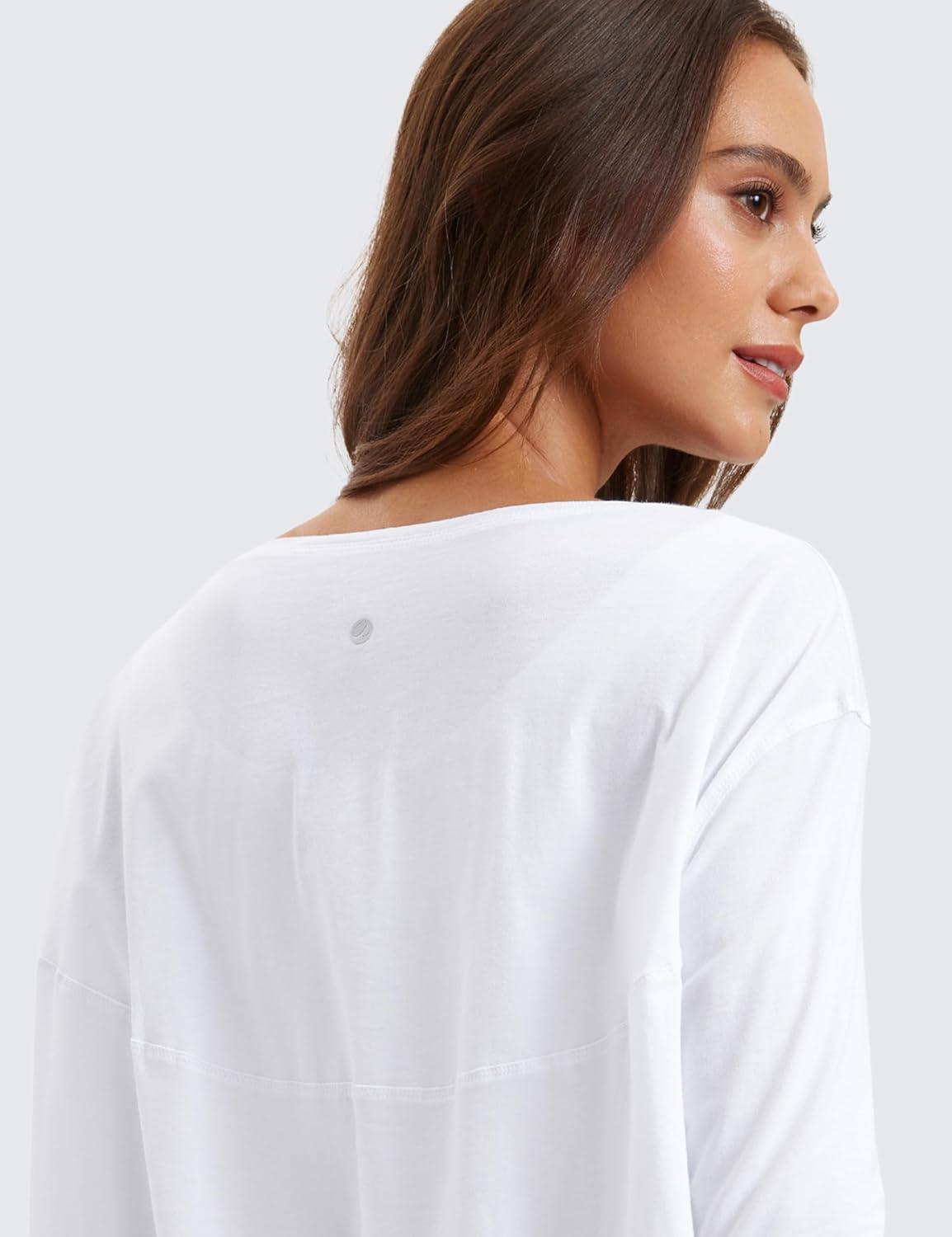 imageCRZ YOGA Pima Cotton Boat Neck Long Sleeve Shirts for Women Workout Athletic Yoga Casual Tops Loose Fit Fall TShirtsWhite