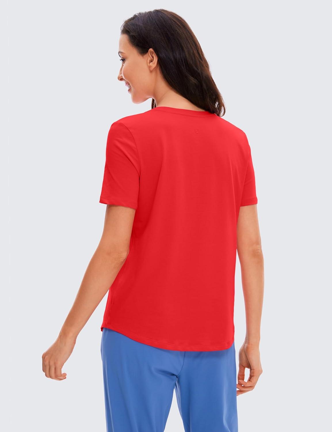 imageCRZ YOGA Pima Cotton Crewneck TShirts for Women Workout Casual Yoga Athletic Short Sleeve Shirts Soft Crewneck Hip TopsDeep Red