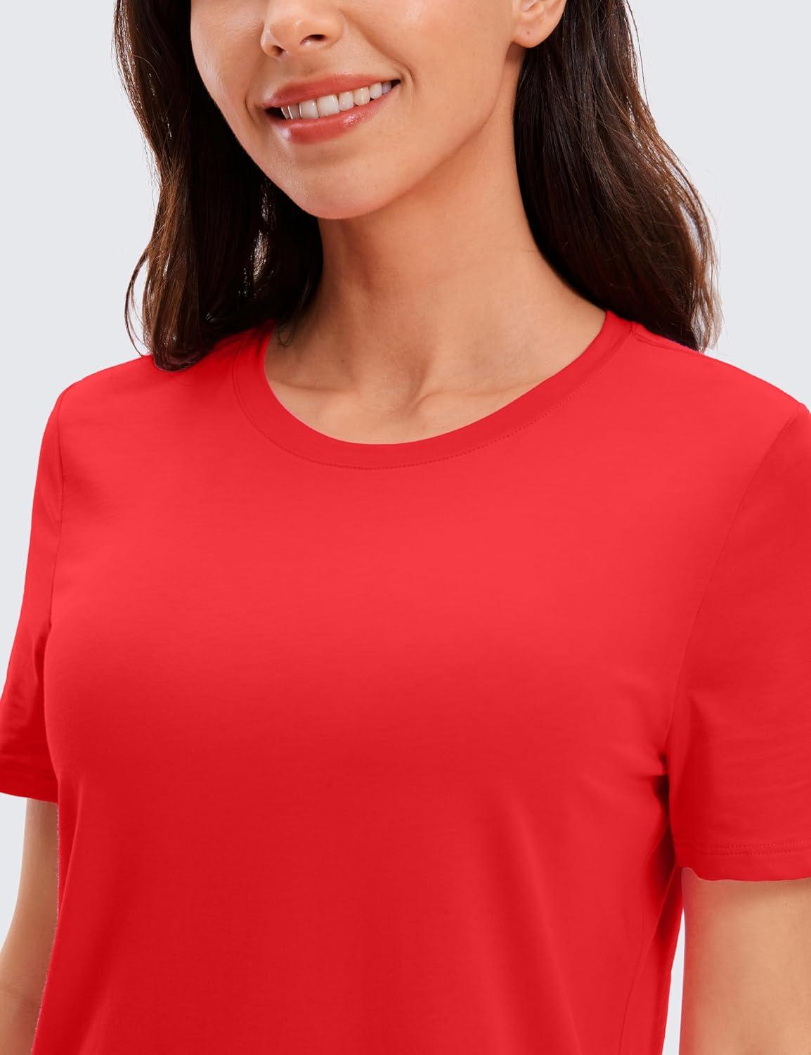 imageCRZ YOGA Pima Cotton Crewneck TShirts for Women Workout Casual Yoga Athletic Short Sleeve Shirts Soft Crewneck Hip TopsDeep Red