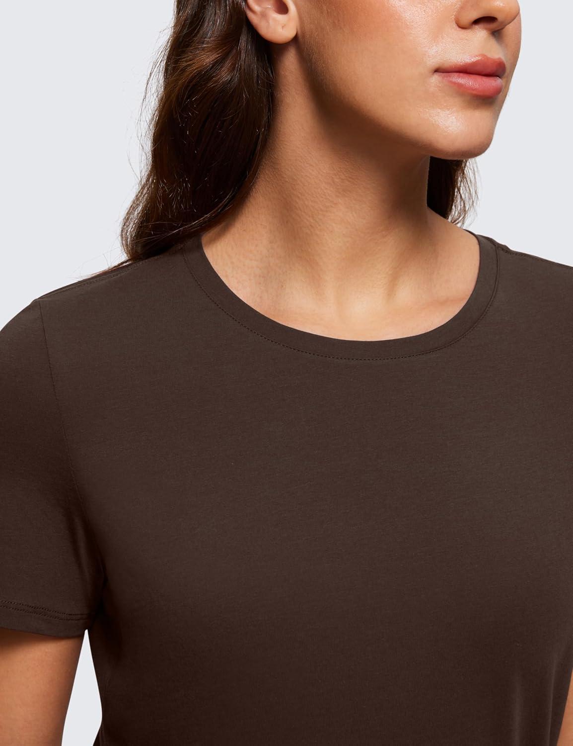 imageCRZ YOGA Pima Cotton Crewneck TShirts for Women Workout Casual Yoga Athletic Short Sleeve Shirts Soft Crewneck Hip TopsHot Fudge Brown