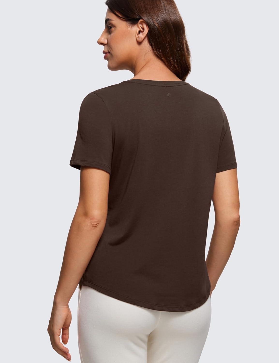 imageCRZ YOGA Pima Cotton Crewneck TShirts for Women Workout Casual Yoga Athletic Short Sleeve Shirts Soft Crewneck Hip TopsHot Fudge Brown
