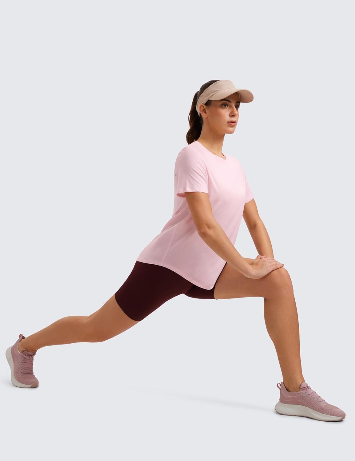 imageCRZ YOGA Pima Cotton Crewneck TShirts for Women Workout Casual Yoga Athletic Short Sleeve Shirts Soft Crewneck Hip TopsStrawberry Pink