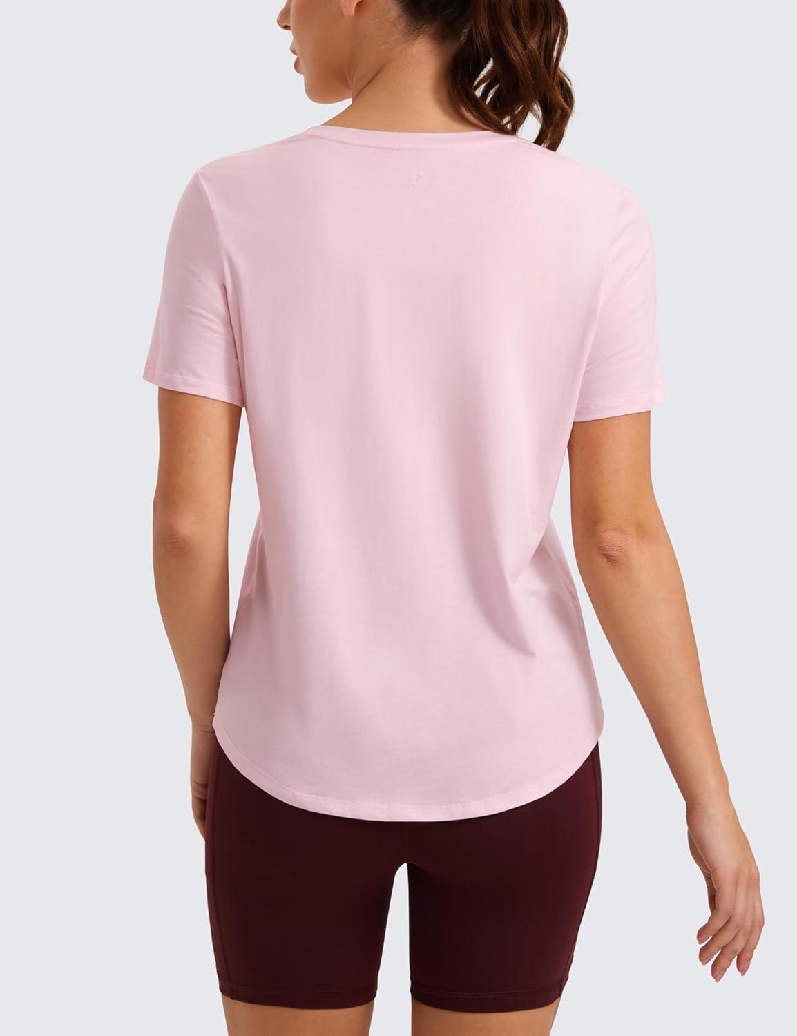 imageCRZ YOGA Pima Cotton Crewneck TShirts for Women Workout Casual Yoga Athletic Short Sleeve Shirts Soft Crewneck Hip TopsStrawberry Pink