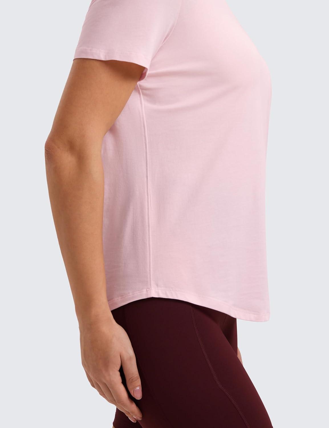 imageCRZ YOGA Pima Cotton Crewneck TShirts for Women Workout Casual Yoga Athletic Short Sleeve Shirts Soft Crewneck Hip TopsStrawberry Pink