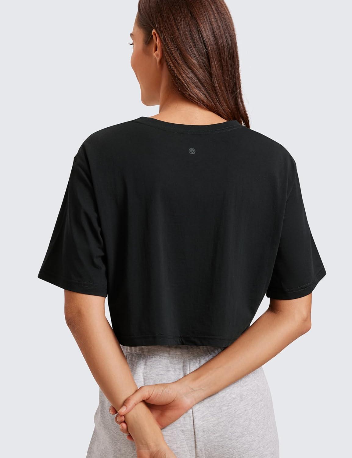 imageCRZ YOGA Pima Cotton Loose Crop TShirts for Women Workout Yoga Casual Athletic Running Short Sleeve Shirts Crewneck TopsBlack