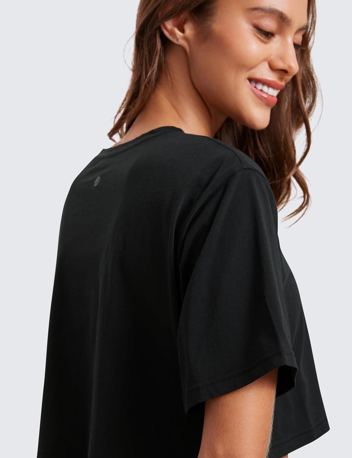 imageCRZ YOGA Pima Cotton Loose Crop TShirts for Women Workout Yoga Casual Athletic Running Short Sleeve Shirts Crewneck TopsBlack