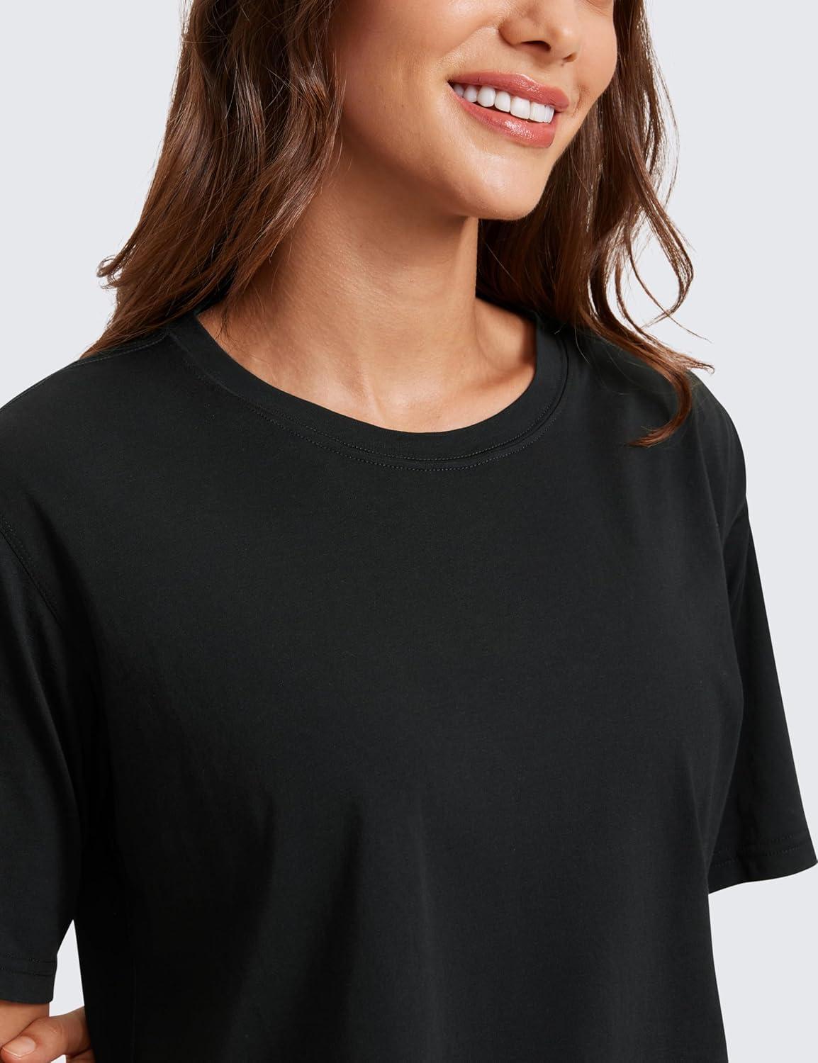 imageCRZ YOGA Pima Cotton Loose Crop TShirts for Women Workout Yoga Casual Athletic Running Short Sleeve Shirts Crewneck TopsBlack