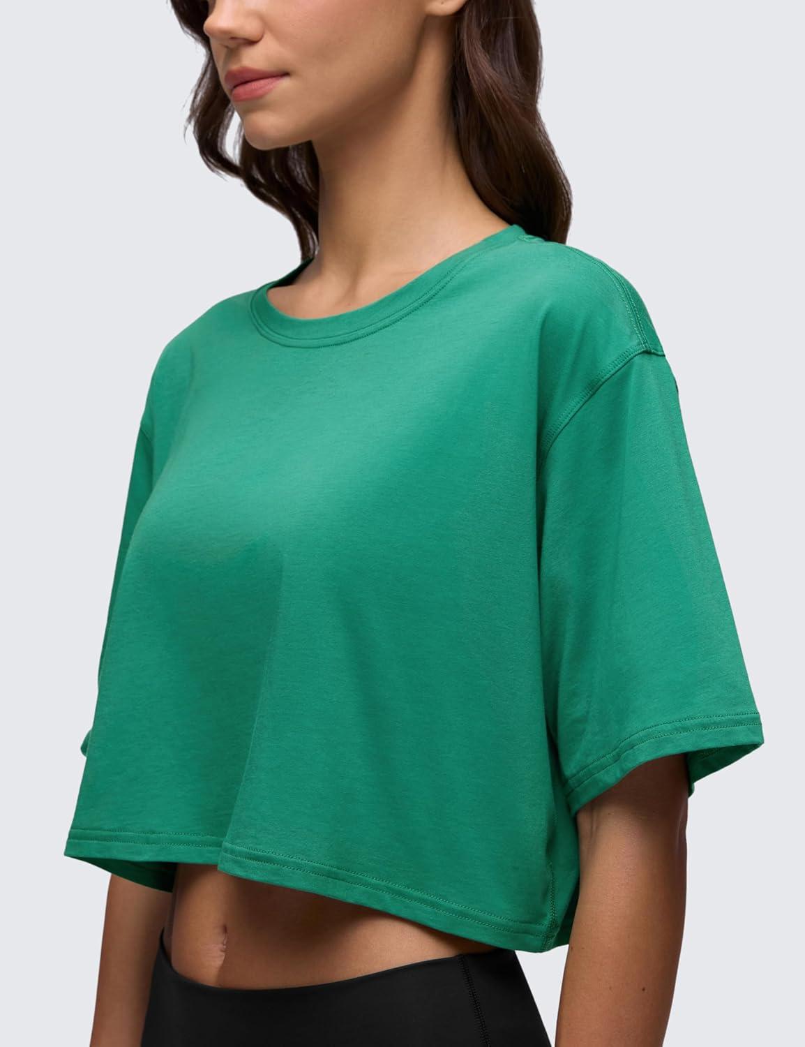 imageCRZ YOGA Pima Cotton Loose Crop TShirts for Women Workout Yoga Casual Athletic Running Short Sleeve Shirts Crewneck TopsCascadia Green