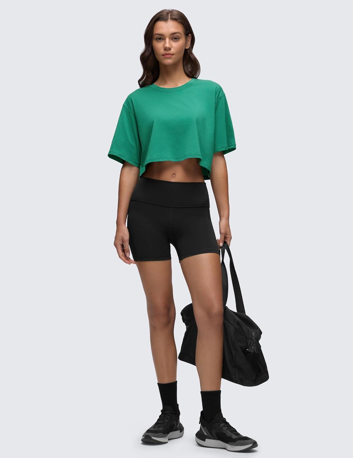 imageCRZ YOGA Pima Cotton Loose Crop TShirts for Women Workout Yoga Casual Athletic Running Short Sleeve Shirts Crewneck TopsCascadia Green