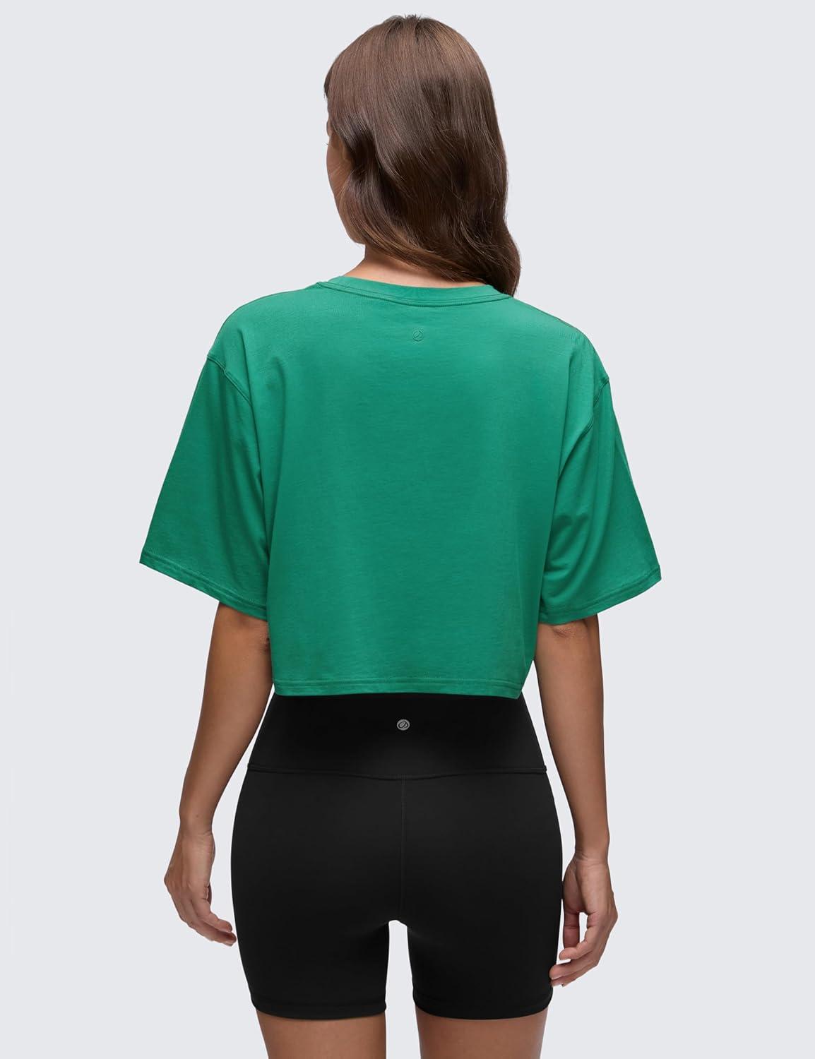 imageCRZ YOGA Pima Cotton Loose Crop TShirts for Women Workout Yoga Casual Athletic Running Short Sleeve Shirts Crewneck TopsCascadia Green