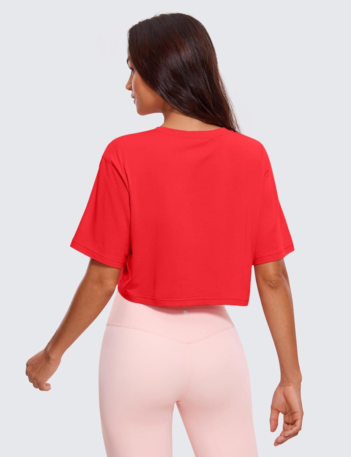 imageCRZ YOGA Pima Cotton Loose Crop TShirts for Women Workout Yoga Casual Athletic Running Short Sleeve Shirts Crewneck TopsDeep Red
