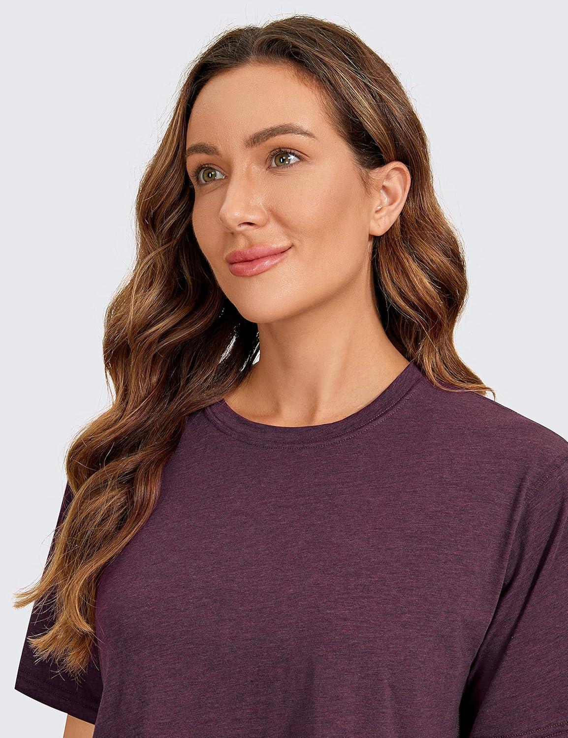 imageCRZ YOGA Pima Cotton Loose Crop TShirts for Women Workout Yoga Casual Athletic Running Short Sleeve Shirts Crewneck TopsEggplant Heather