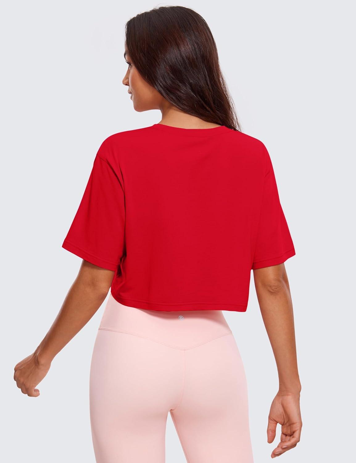 imageCRZ YOGA Pima Cotton Loose Crop TShirts for Women Workout Yoga Casual Athletic Running Short Sleeve Shirts Crewneck TopsFestival Red