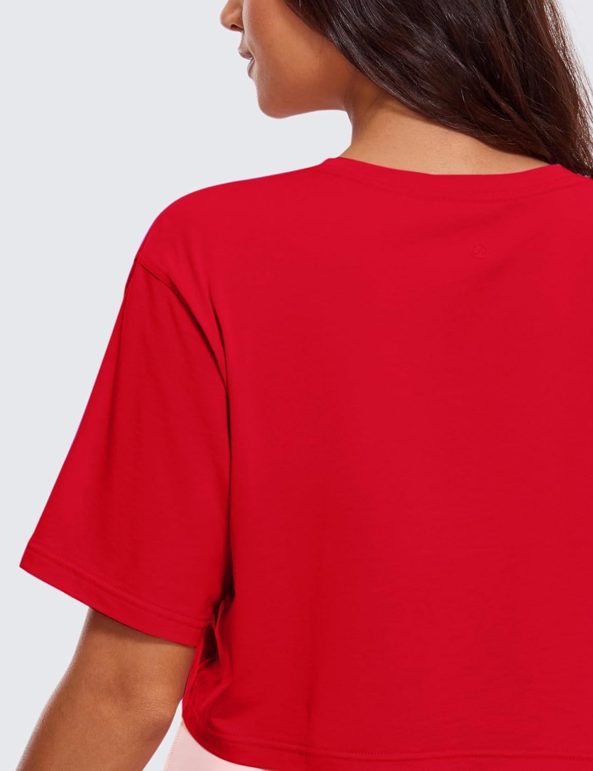 imageCRZ YOGA Pima Cotton Loose Crop TShirts for Women Workout Yoga Casual Athletic Running Short Sleeve Shirts Crewneck TopsFestival Red