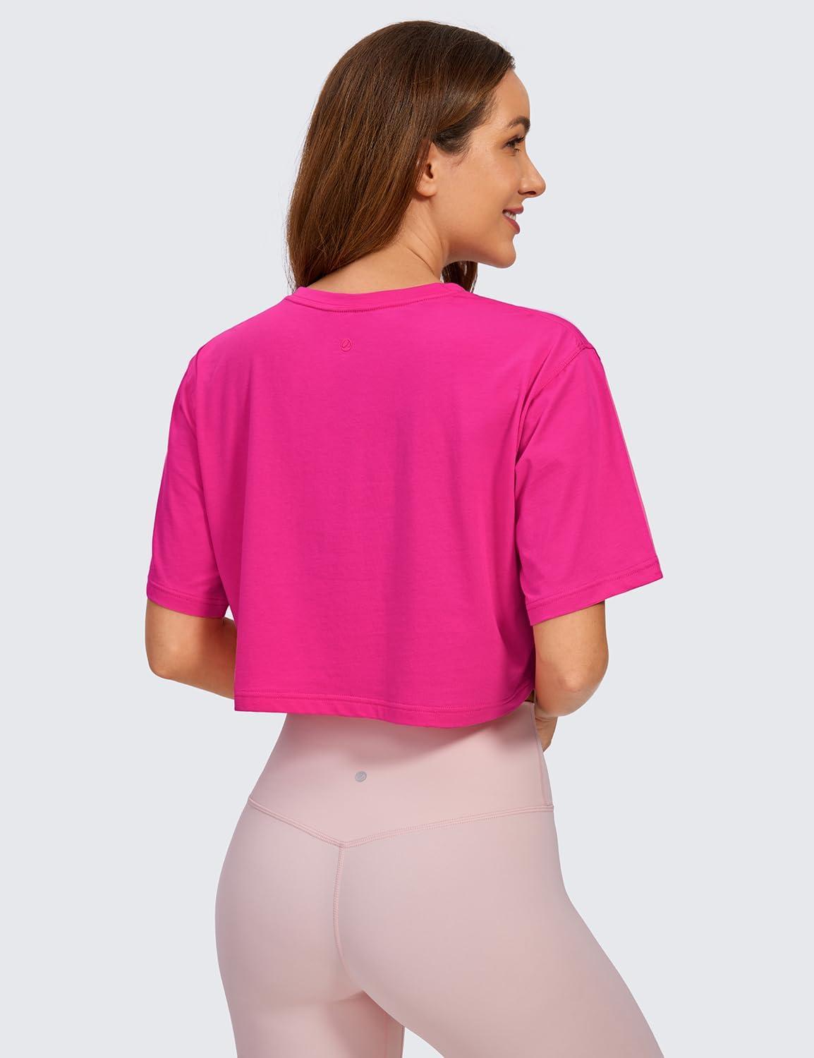 imageCRZ YOGA Pima Cotton Loose Crop TShirts for Women Workout Yoga Casual Athletic Running Short Sleeve Shirts Crewneck TopsGranita Pink
