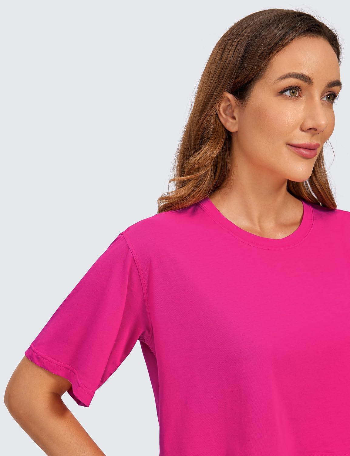 imageCRZ YOGA Pima Cotton Loose Crop TShirts for Women Workout Yoga Casual Athletic Running Short Sleeve Shirts Crewneck TopsGranita Pink