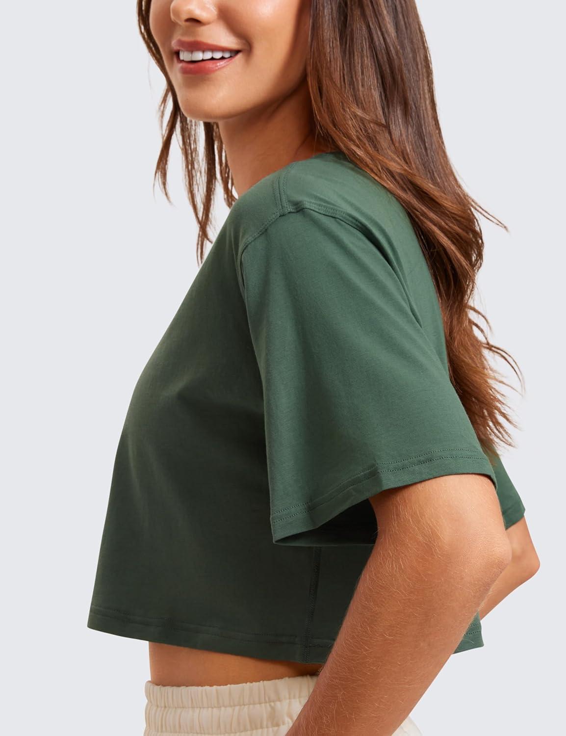 imageCRZ YOGA Pima Cotton Loose Crop TShirts for Women Workout Yoga Casual Athletic Running Short Sleeve Shirts Crewneck TopsGrey Olive