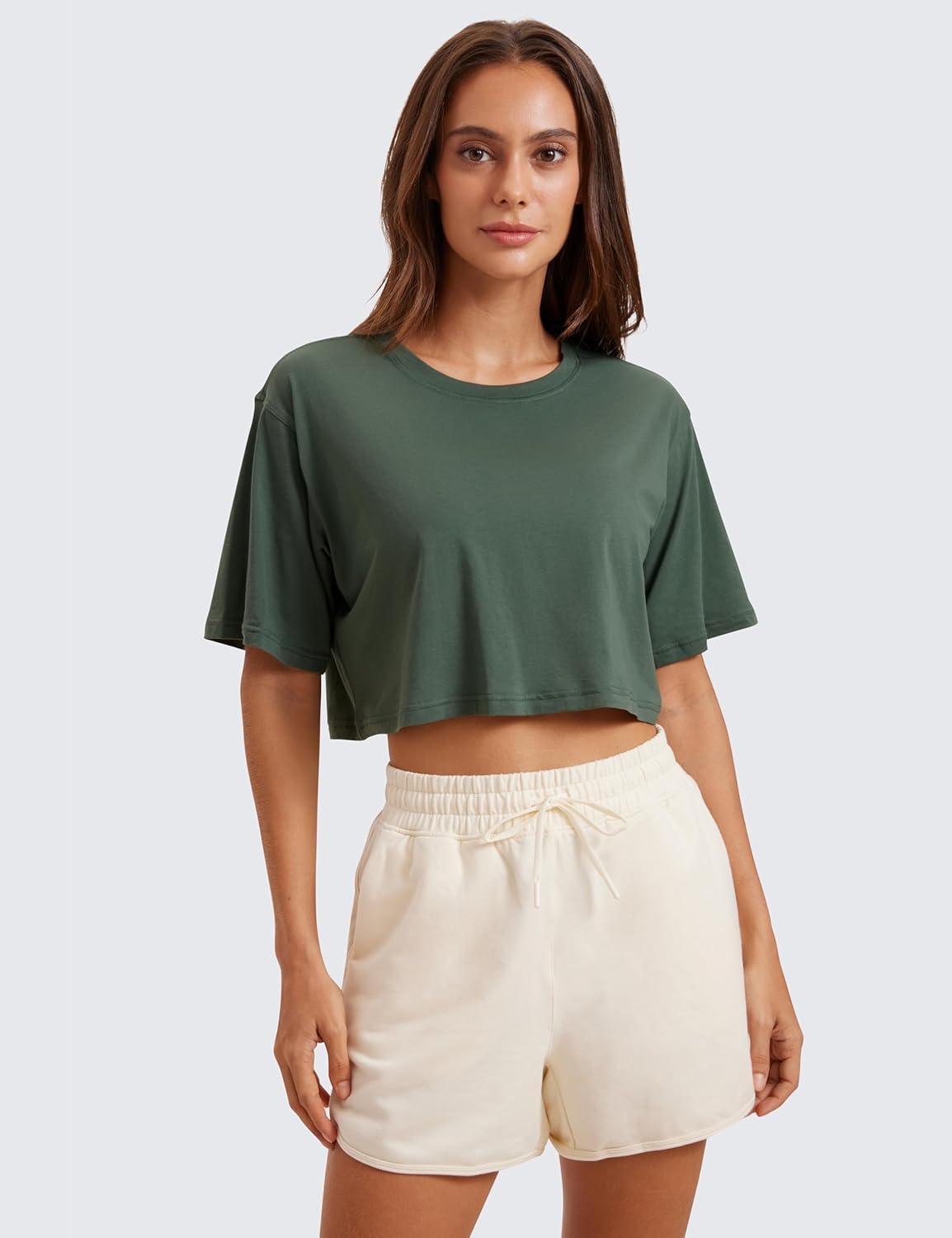 imageCRZ YOGA Pima Cotton Loose Crop TShirts for Women Workout Yoga Casual Athletic Running Short Sleeve Shirts Crewneck TopsGrey Olive