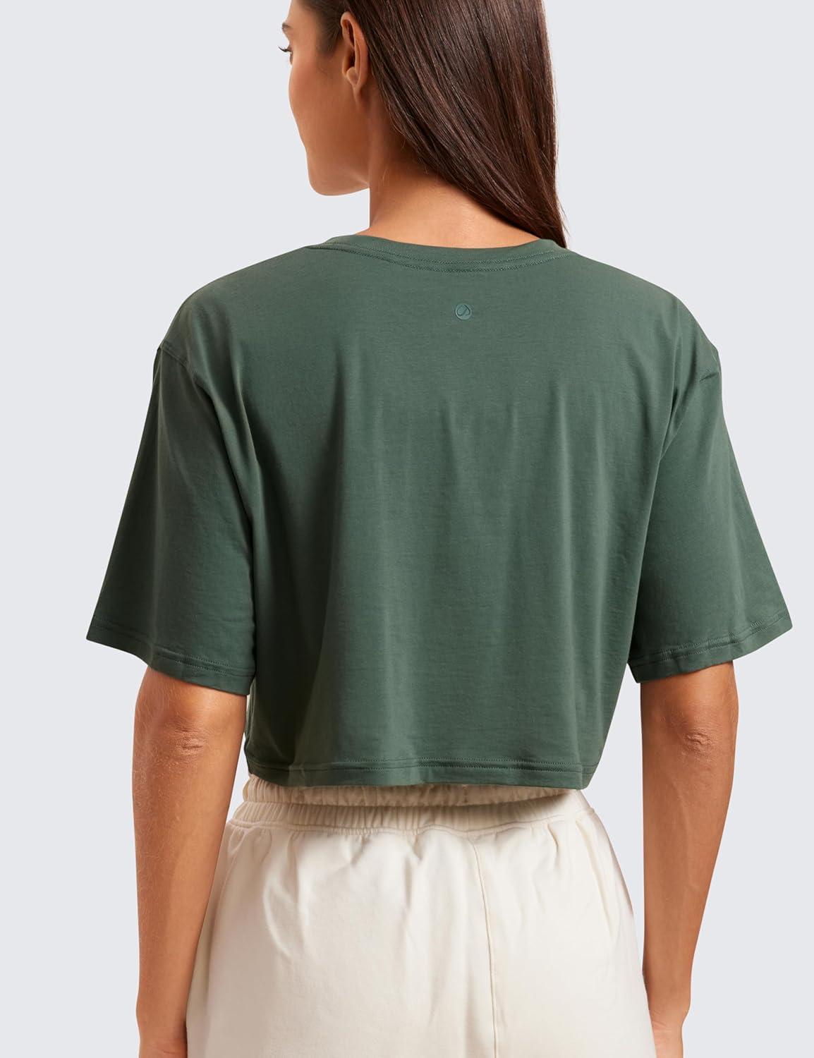 imageCRZ YOGA Pima Cotton Loose Crop TShirts for Women Workout Yoga Casual Athletic Running Short Sleeve Shirts Crewneck TopsGrey Olive