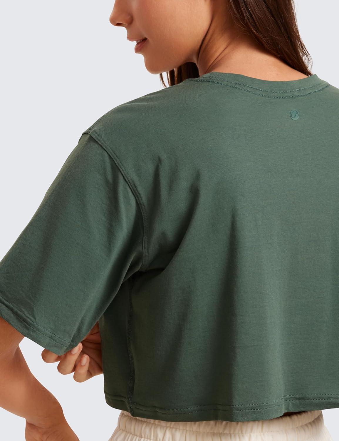 imageCRZ YOGA Pima Cotton Loose Crop TShirts for Women Workout Yoga Casual Athletic Running Short Sleeve Shirts Crewneck TopsGrey Olive