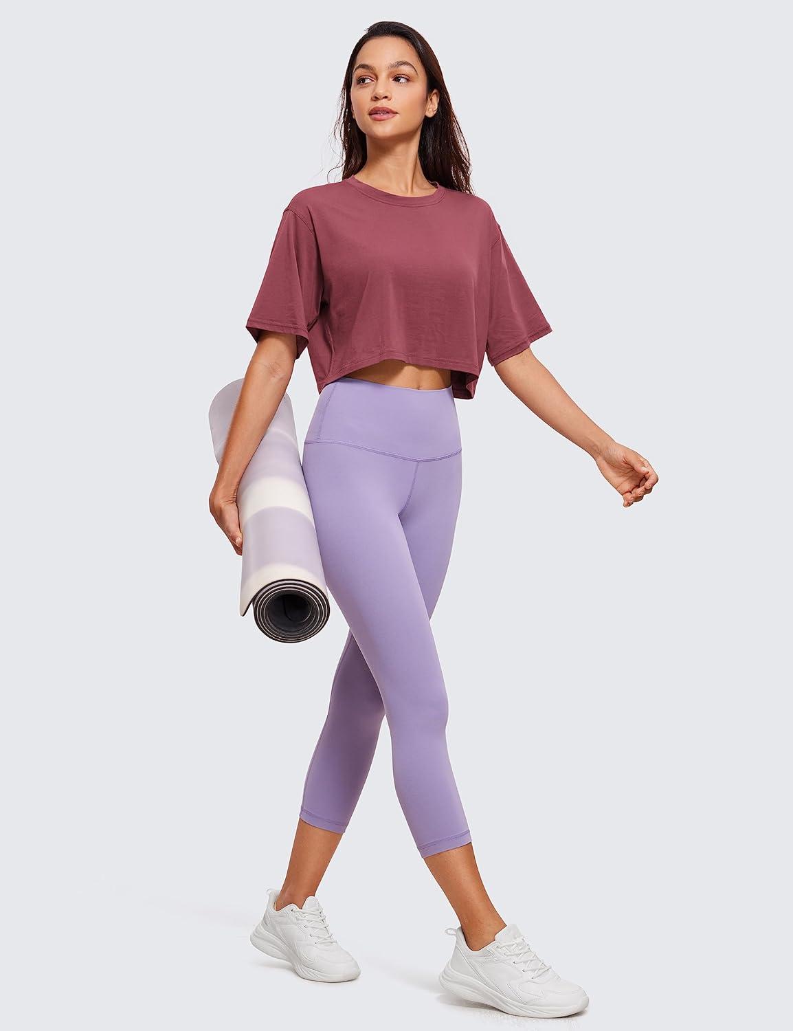 imageCRZ YOGA Pima Cotton Loose Crop TShirts for Women Workout Yoga Casual Athletic Running Short Sleeve Shirts Crewneck TopsMisty Merlot
