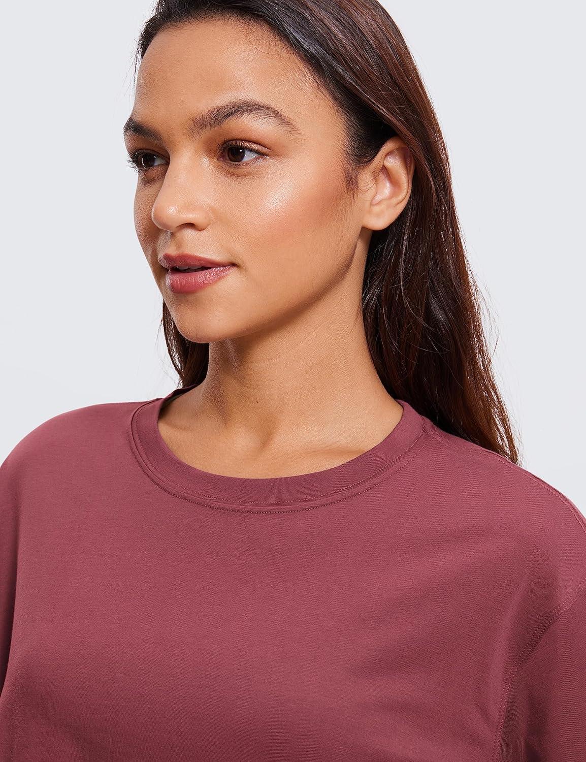 imageCRZ YOGA Pima Cotton Loose Crop TShirts for Women Workout Yoga Casual Athletic Running Short Sleeve Shirts Crewneck TopsMisty Merlot