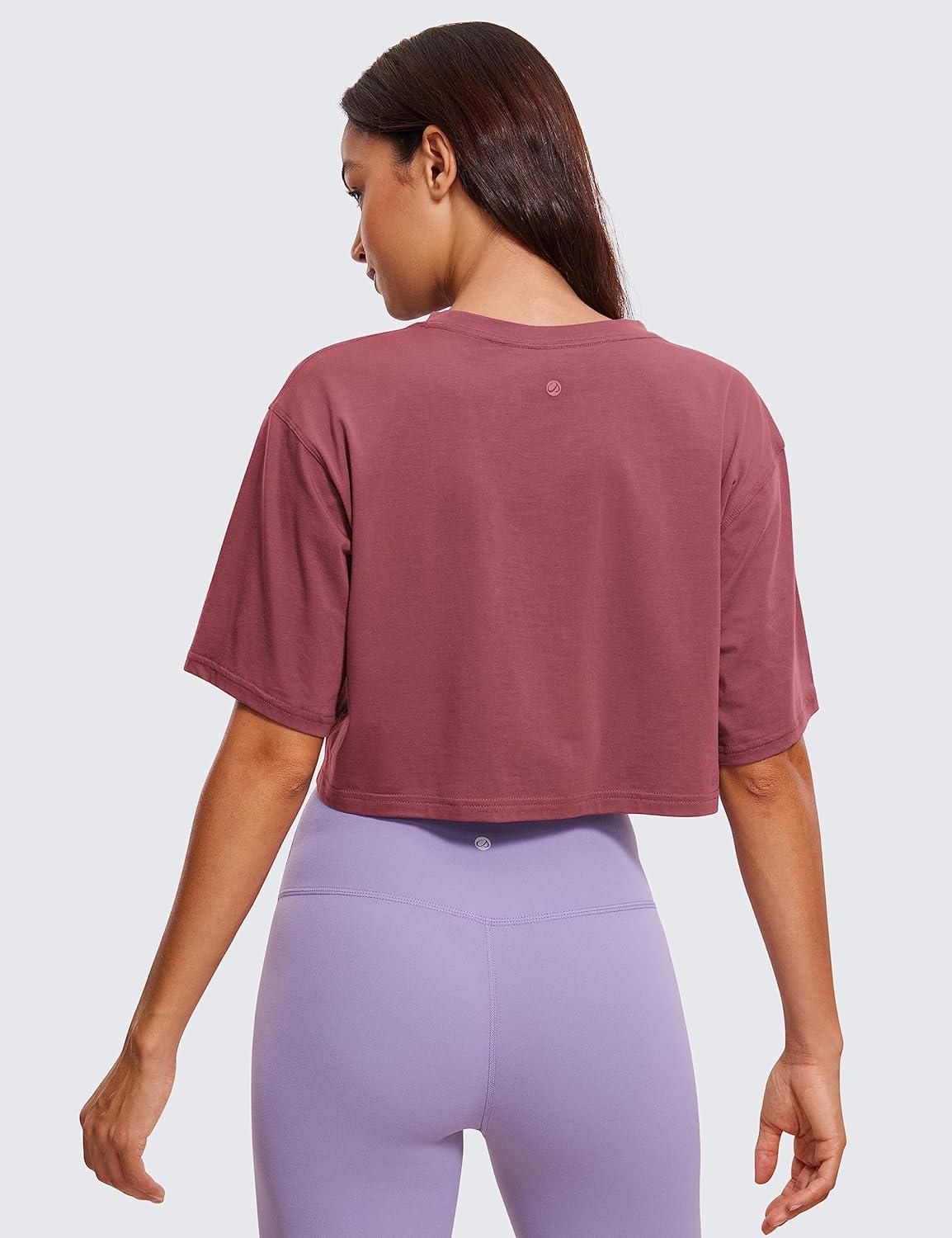 imageCRZ YOGA Pima Cotton Loose Crop TShirts for Women Workout Yoga Casual Athletic Running Short Sleeve Shirts Crewneck TopsMisty Merlot