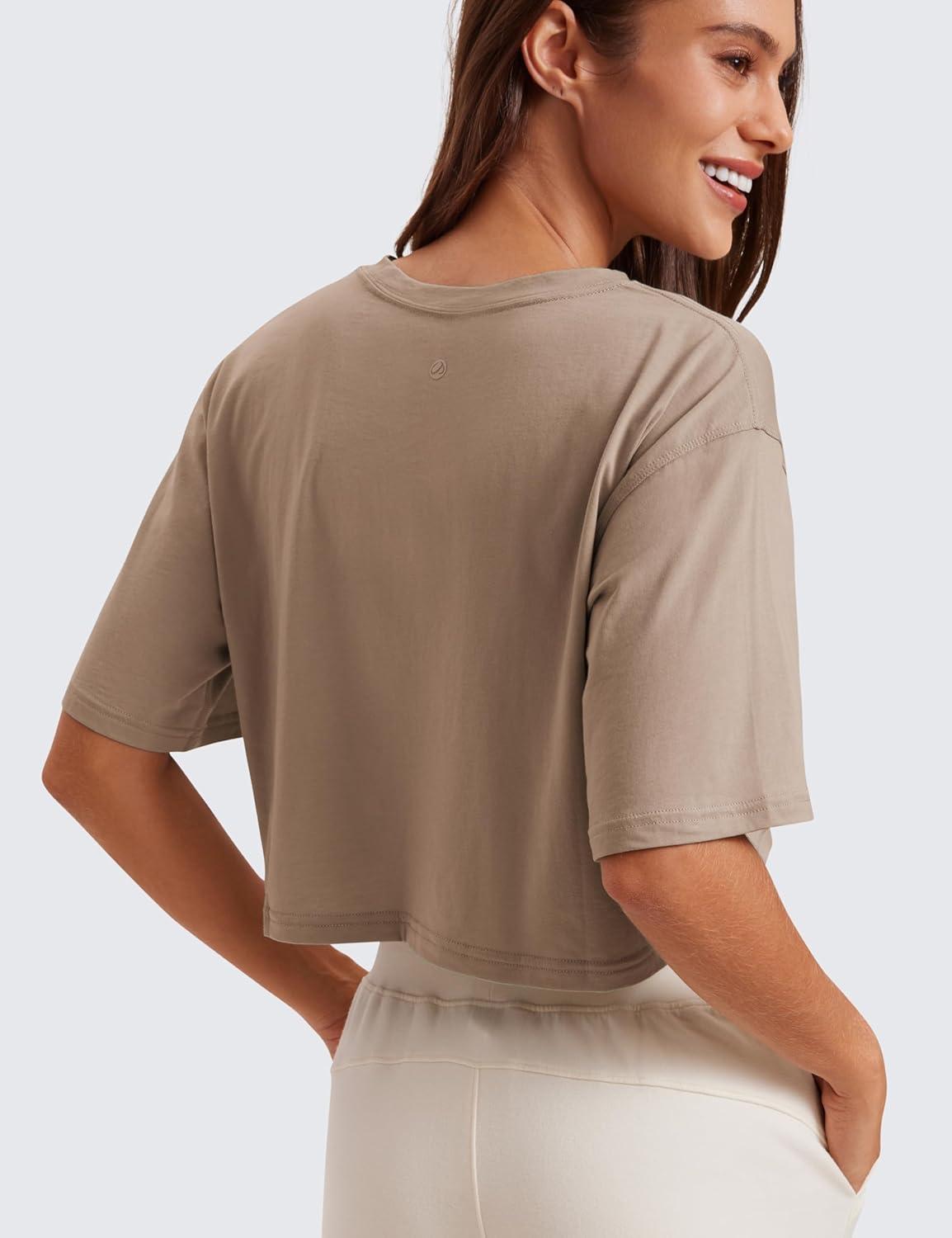 imageCRZ YOGA Pima Cotton Loose Crop TShirts for Women  Workout Yoga Casual Athletic Running Short Sleeve Shirts Crewneck TopsMortar Color
