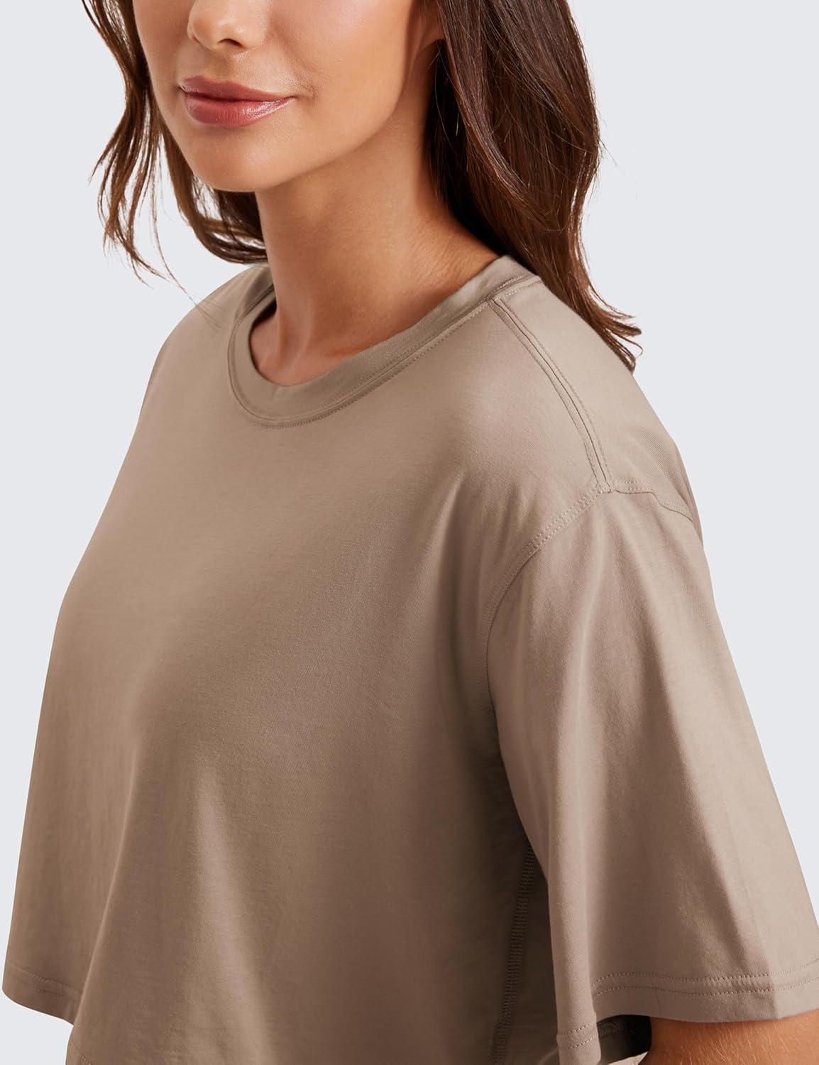 imageCRZ YOGA Pima Cotton Loose Crop TShirts for Women  Workout Yoga Casual Athletic Running Short Sleeve Shirts Crewneck TopsMortar Color