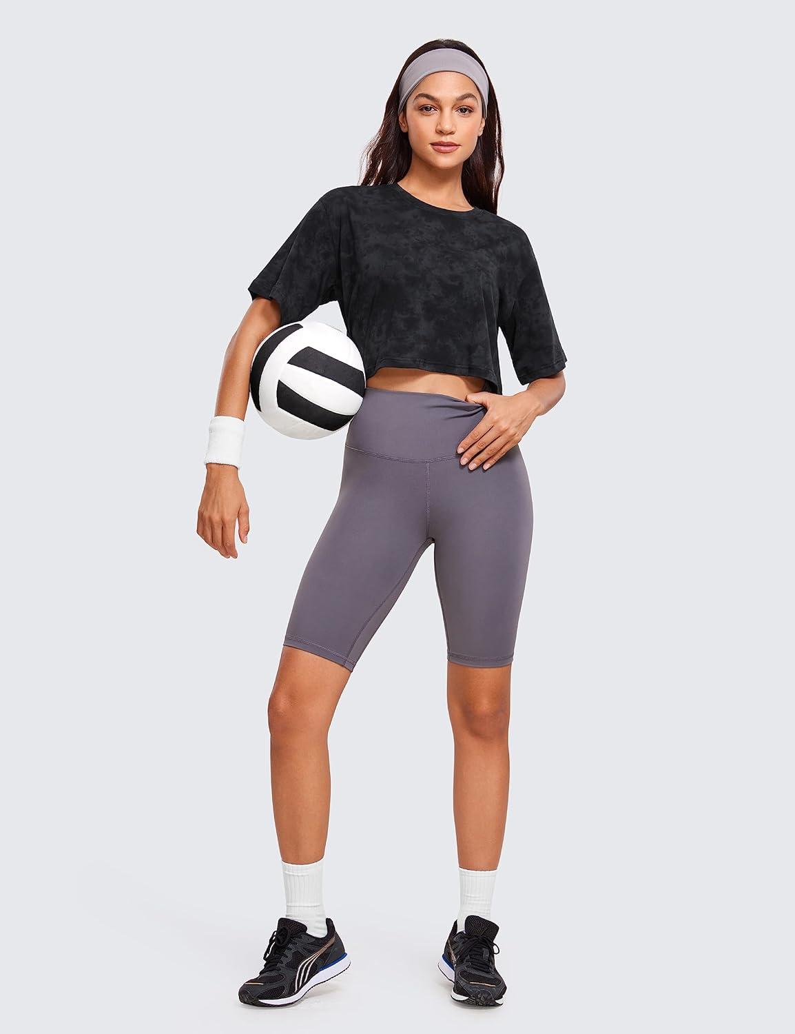 imageCRZ YOGA Pima Cotton Loose Crop TShirts for Women Workout Yoga Casual Athletic Running Short Sleeve Shirts Crewneck TopsTie Dye Smoke Ink