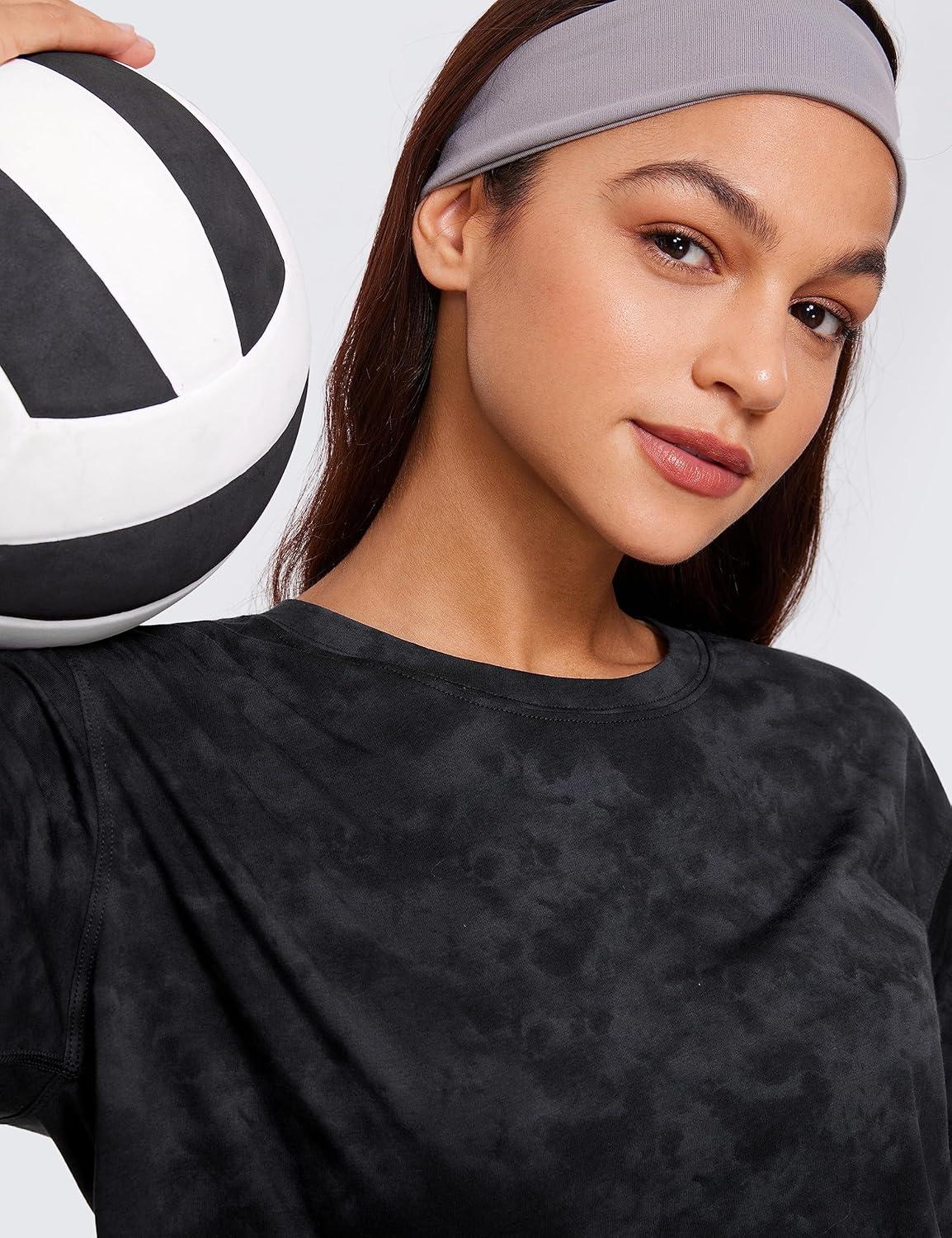 imageCRZ YOGA Pima Cotton Loose Crop TShirts for Women Workout Yoga Casual Athletic Running Short Sleeve Shirts Crewneck TopsTie Dye Smoke Ink