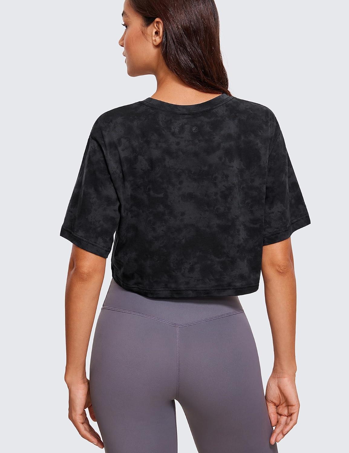 imageCRZ YOGA Pima Cotton Loose Crop TShirts for Women Workout Yoga Casual Athletic Running Short Sleeve Shirts Crewneck TopsTie Dye Smoke Ink
