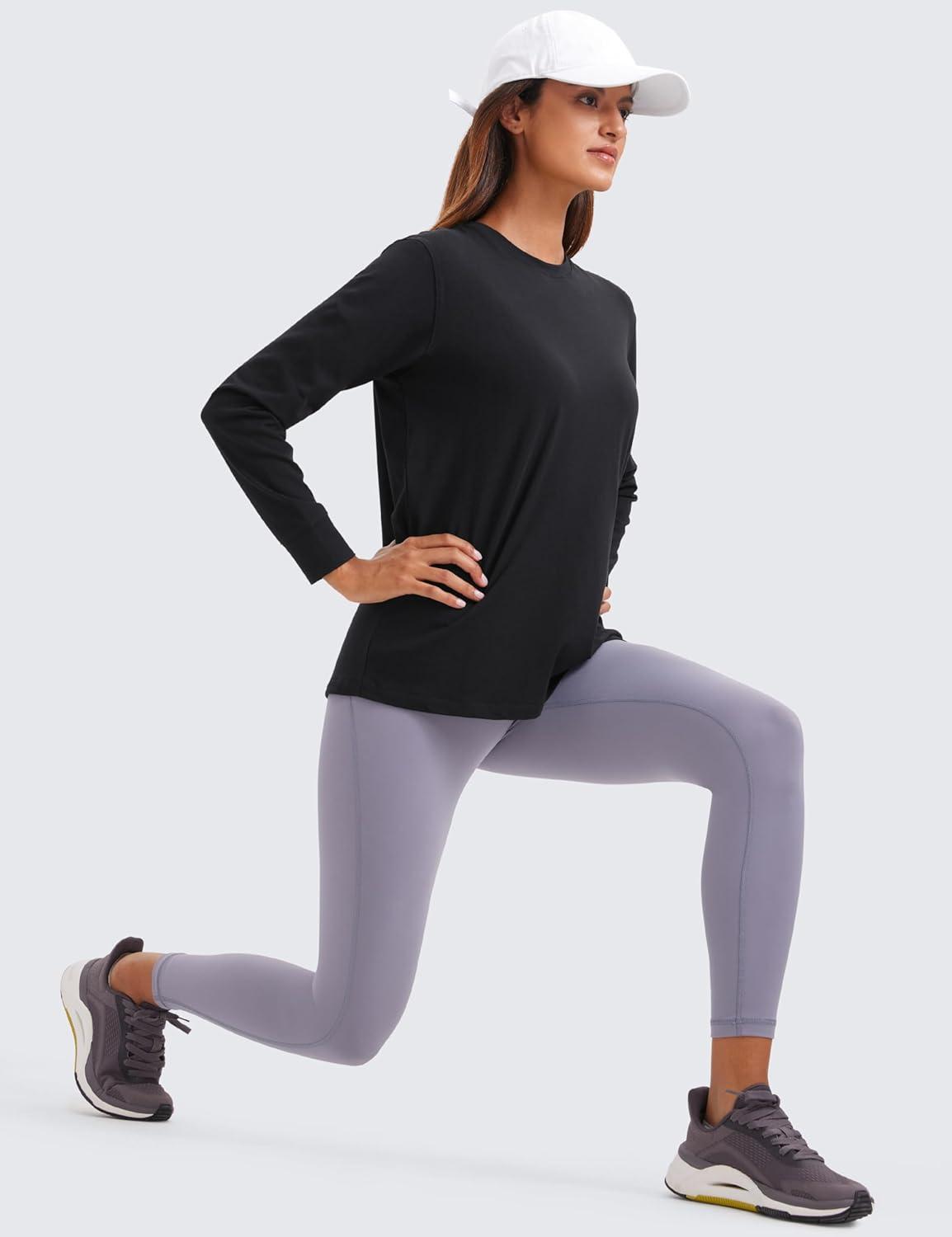 imageCRZ YOGA Pima Cotton Loose Long Sleeve Shirts for Women Workout Yoga Casual Tops Crew Neck Loose Basic Soft Fall TShirtBlack