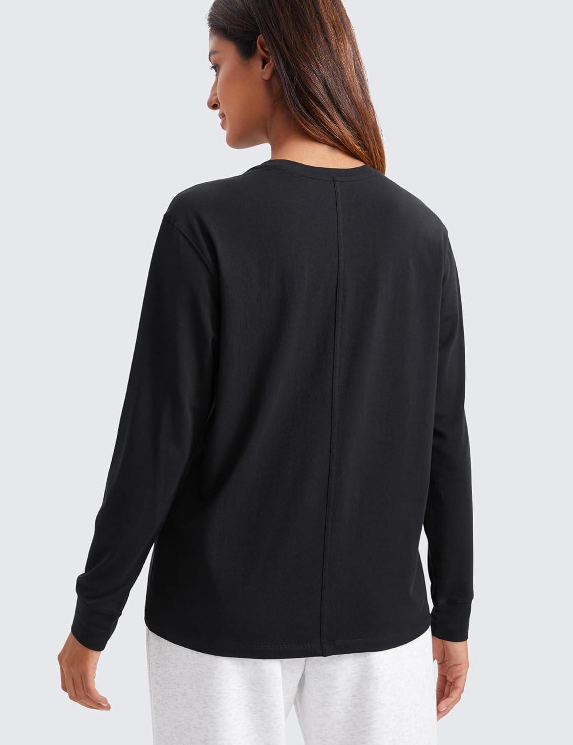 imageCRZ YOGA Pima Cotton Loose Long Sleeve Shirts for Women Workout Yoga Casual Tops Crew Neck Loose Basic Soft Fall TShirtBlack