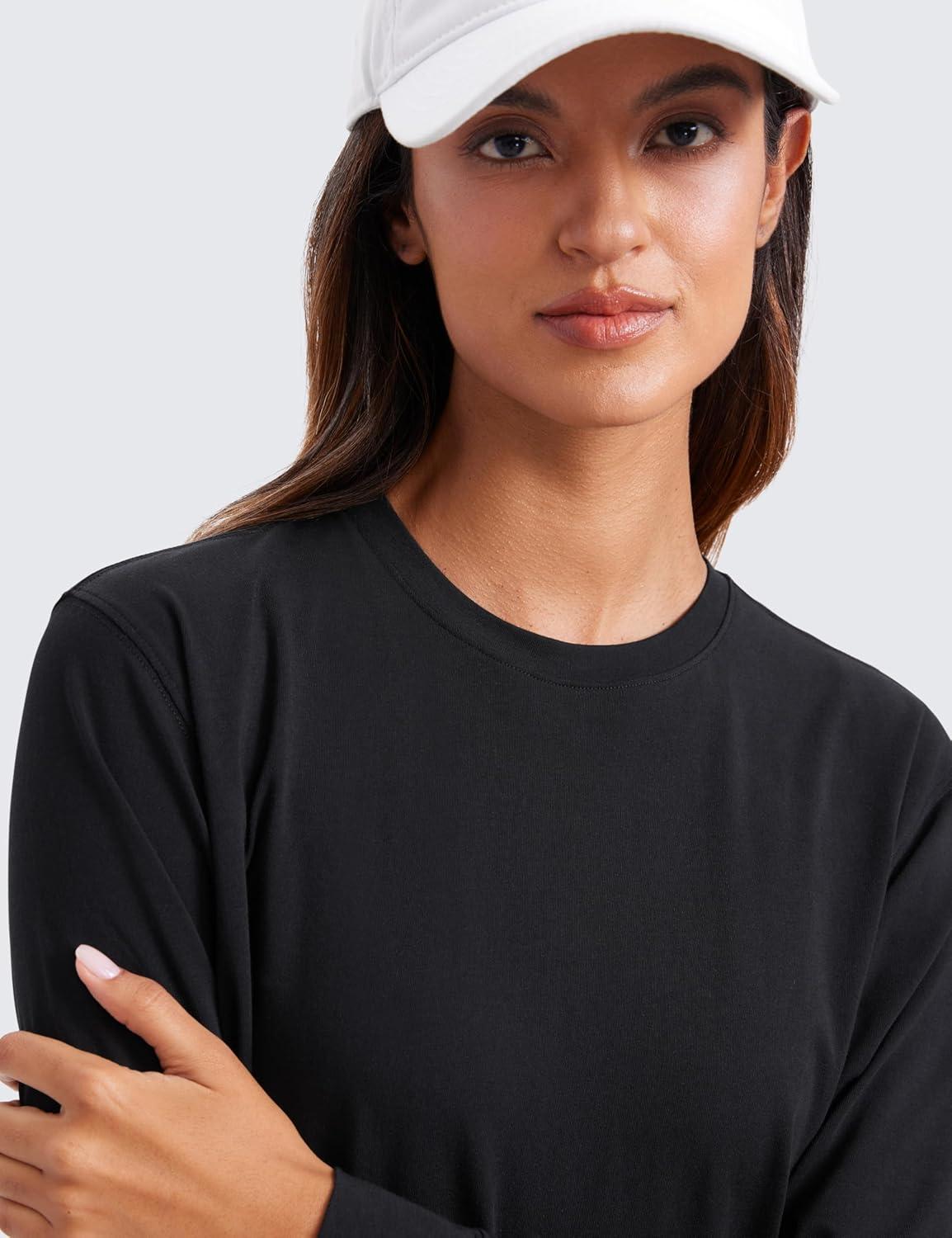 imageCRZ YOGA Pima Cotton Loose Long Sleeve Shirts for Women Workout Yoga Casual Tops Crew Neck Loose Basic Soft Fall TShirtBlack