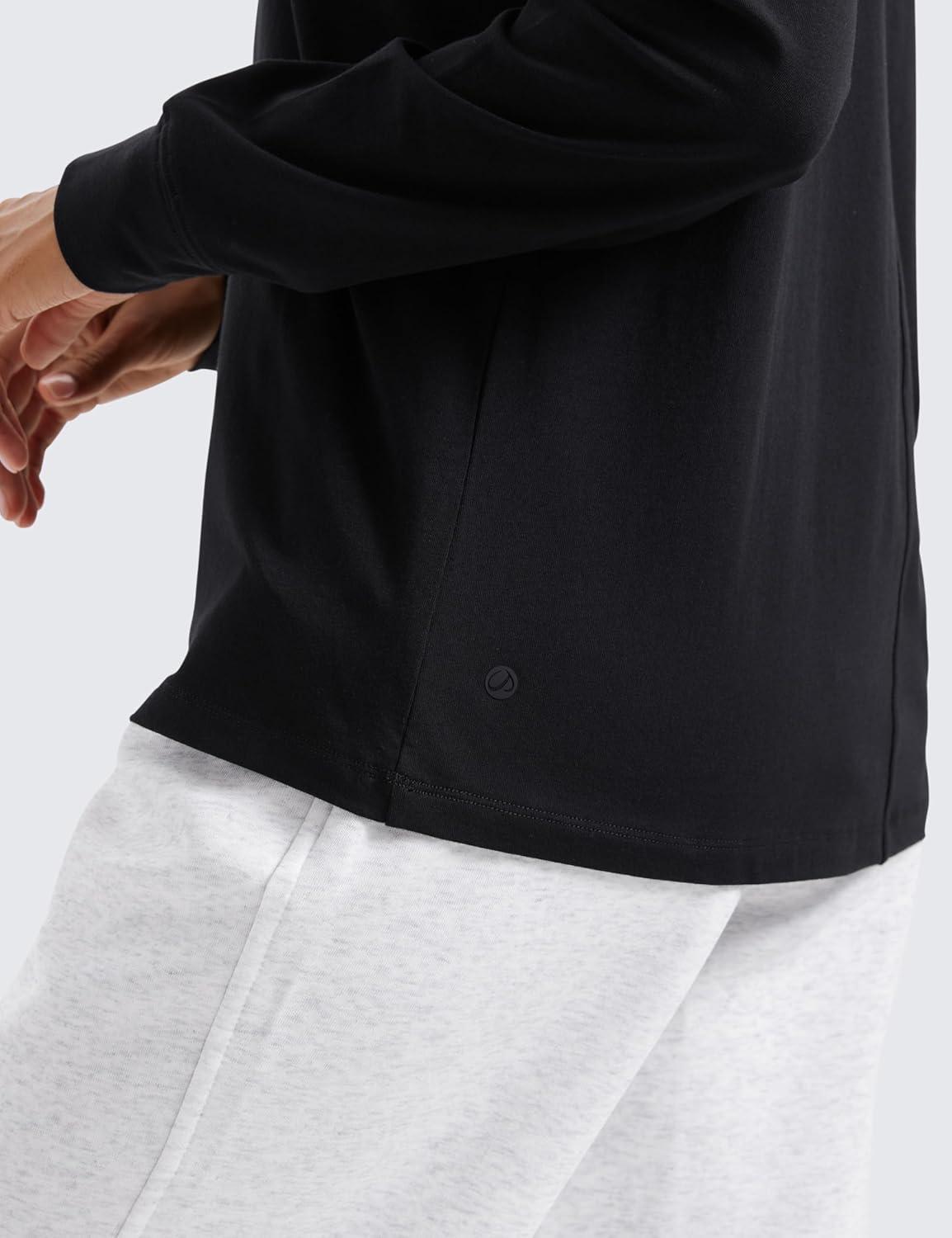 imageCRZ YOGA Pima Cotton Loose Long Sleeve Shirts for Women Workout Yoga Casual Tops Crew Neck Loose Basic Soft Fall TShirtBlack