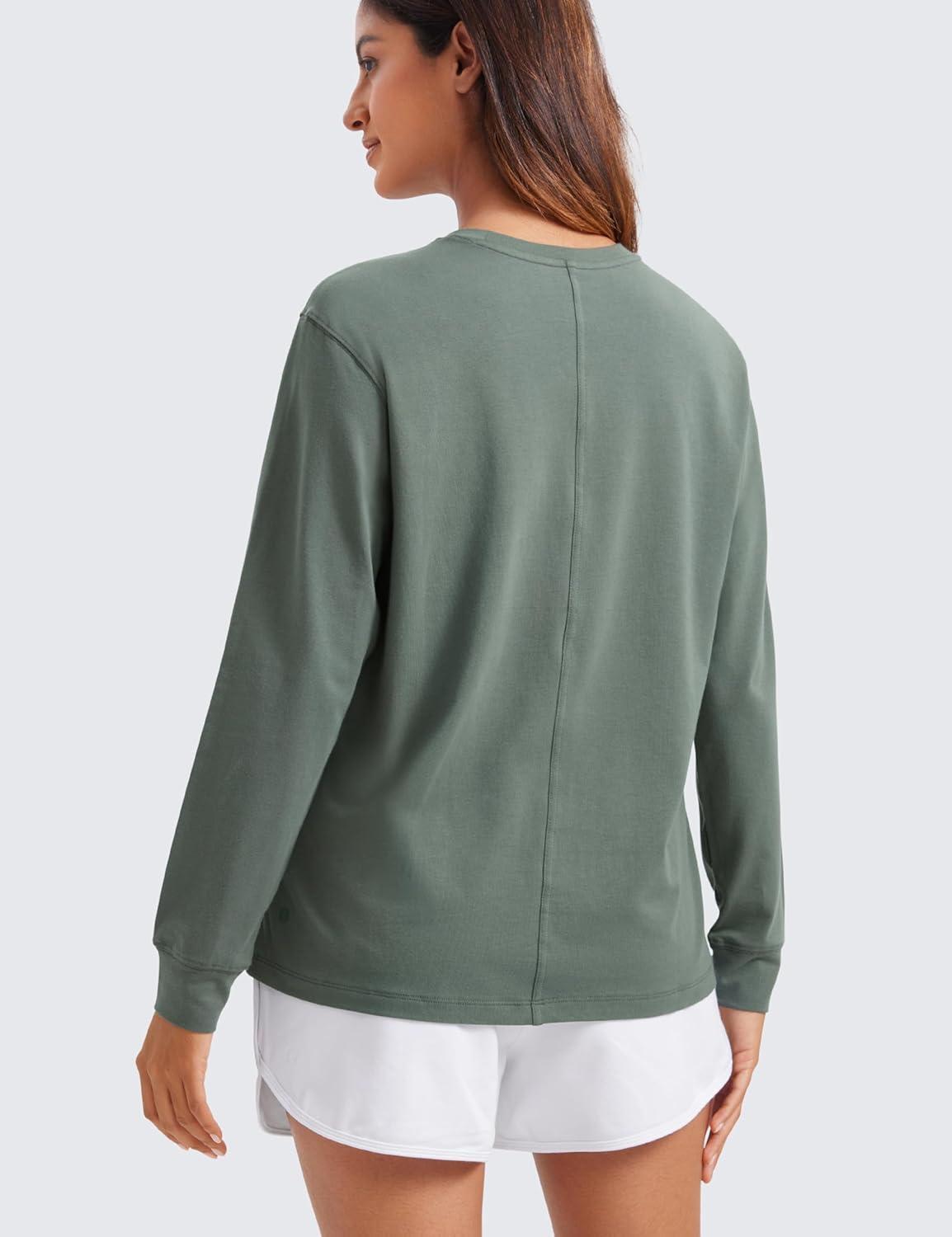 imageCRZ YOGA Pima Cotton Loose Long Sleeve Shirts for Women Workout Yoga Casual Tops Crew Neck Loose Basic Soft Fall TShirtGrey Sage