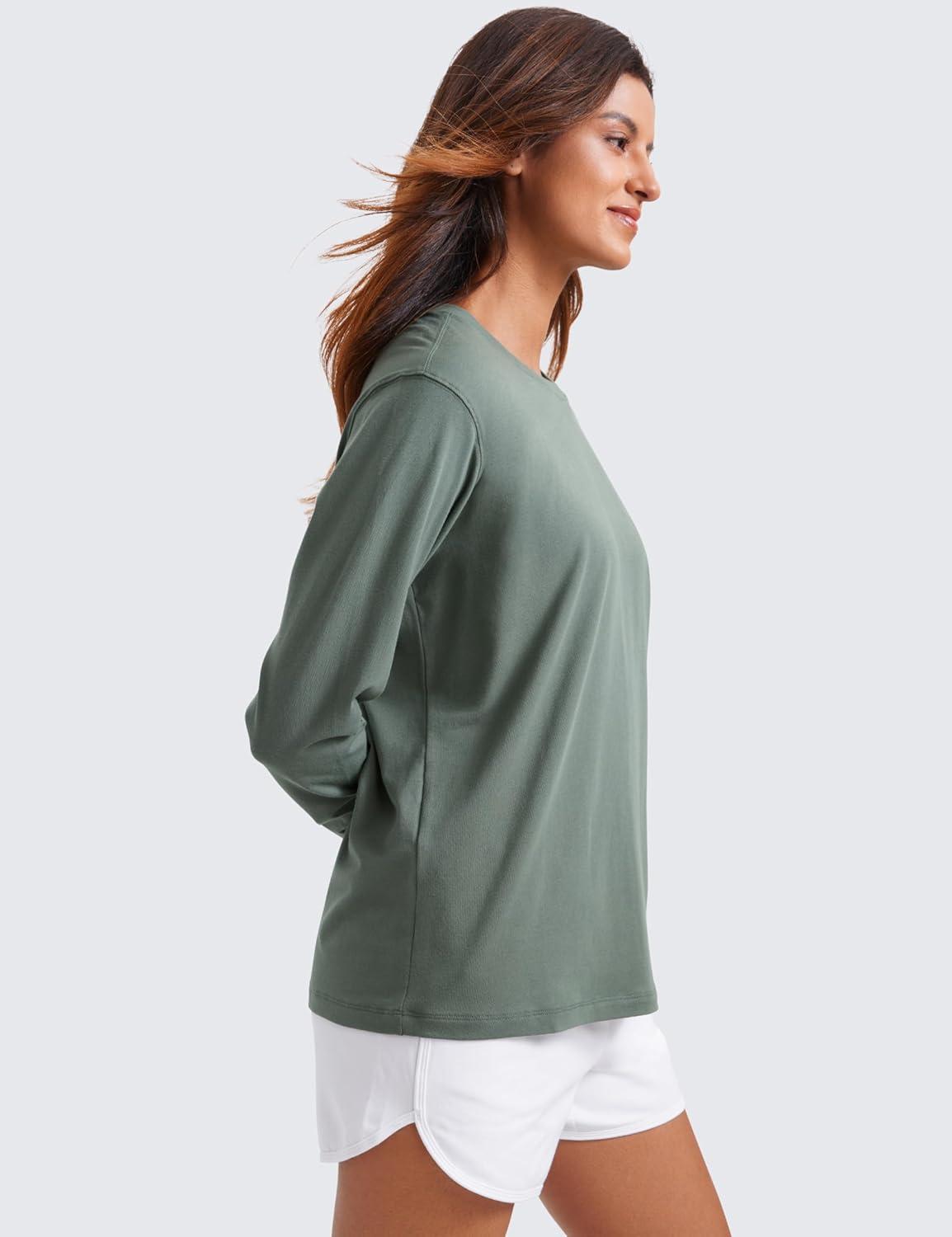 imageCRZ YOGA Pima Cotton Loose Long Sleeve Shirts for Women Workout Yoga Casual Tops Crew Neck Loose Basic Soft Fall TShirtGrey Sage