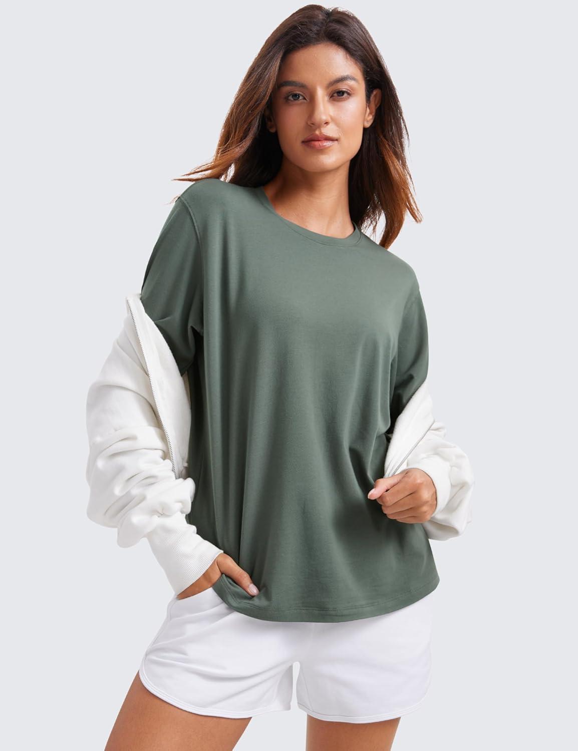 imageCRZ YOGA Pima Cotton Loose Long Sleeve Shirts for Women Workout Yoga Casual Tops Crew Neck Loose Basic Soft Fall TShirtGrey Sage
