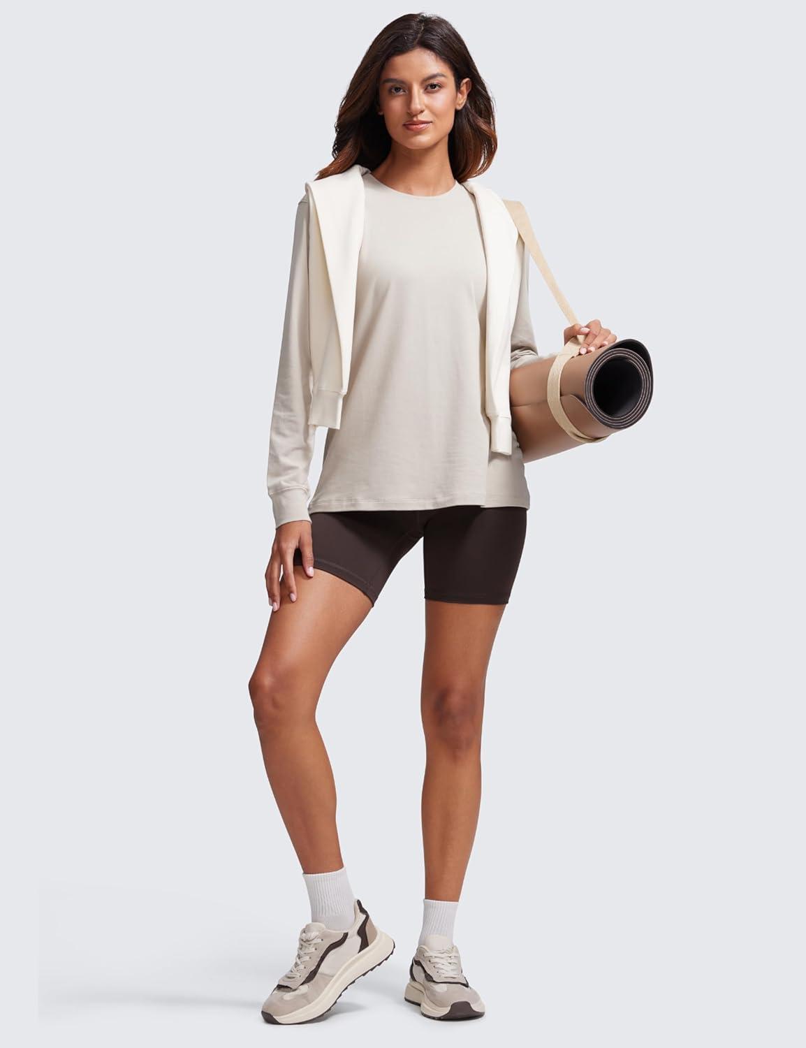 imageCRZ YOGA Pima Cotton Loose Long Sleeve Shirts for Women Workout Yoga Casual Tops Crew Neck Loose Basic Soft Fall TShirtMojave Tan