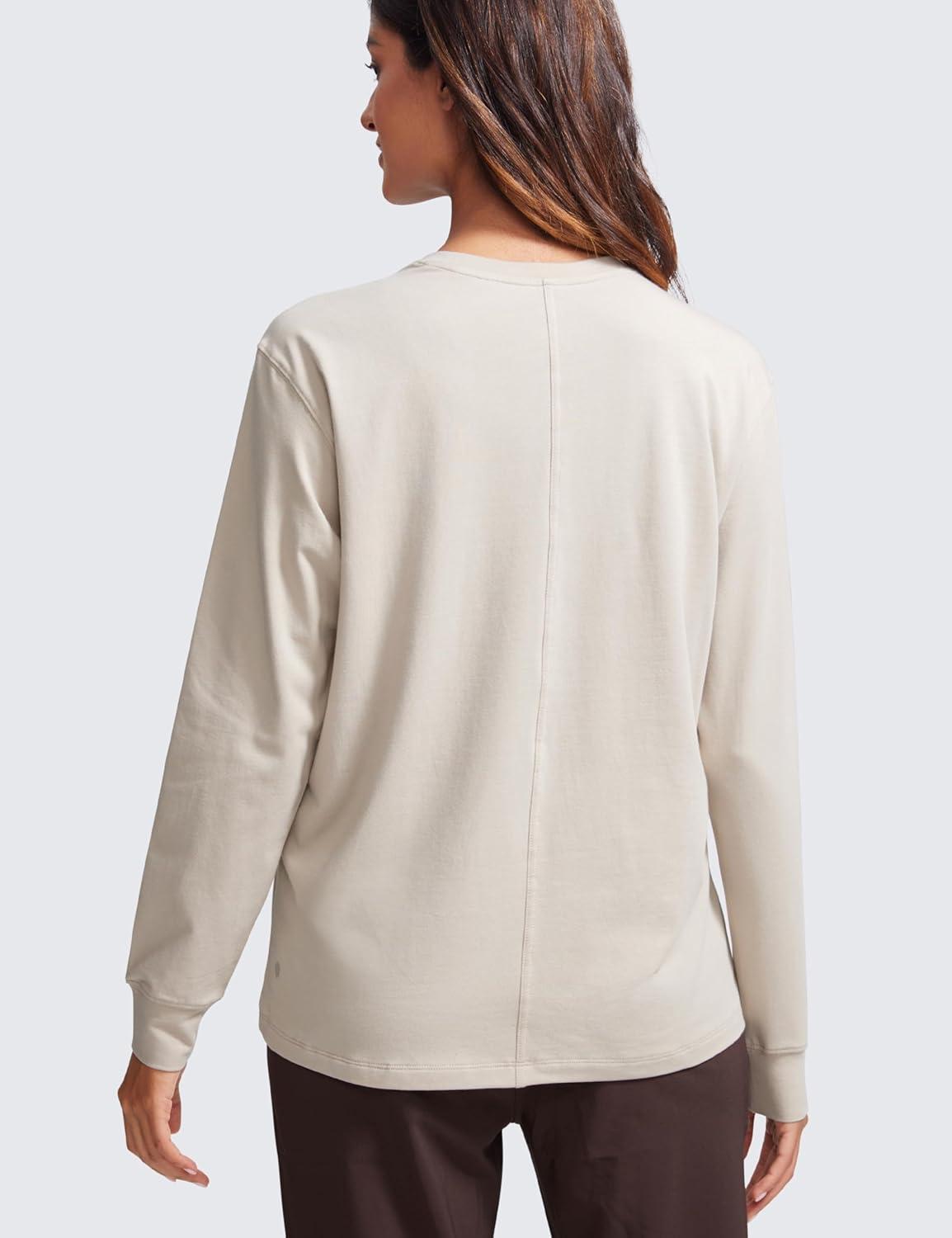 imageCRZ YOGA Pima Cotton Loose Long Sleeve Shirts for Women Workout Yoga Casual Tops Crew Neck Loose Basic Soft Fall TShirtMojave Tan