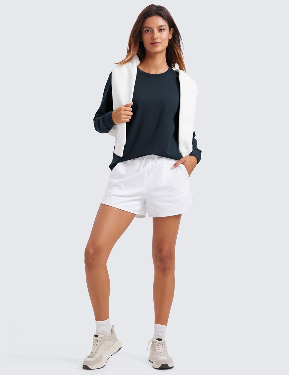 imageCRZ YOGA Pima Cotton Loose Long Sleeve Shirts for Women Workout Yoga Casual Tops Crew Neck Loose Basic Soft Fall TShirtTrue Navy