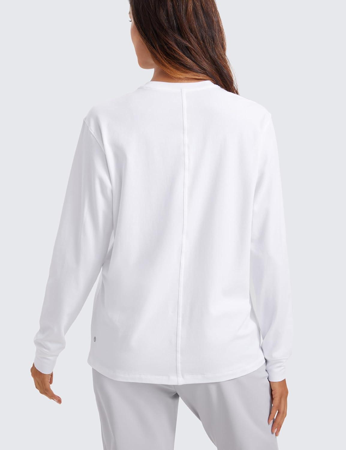 imageCRZ YOGA Pima Cotton Loose Long Sleeve Shirts for Women Workout Yoga Casual Tops Crew Neck Loose Basic Soft Fall TShirtWhite