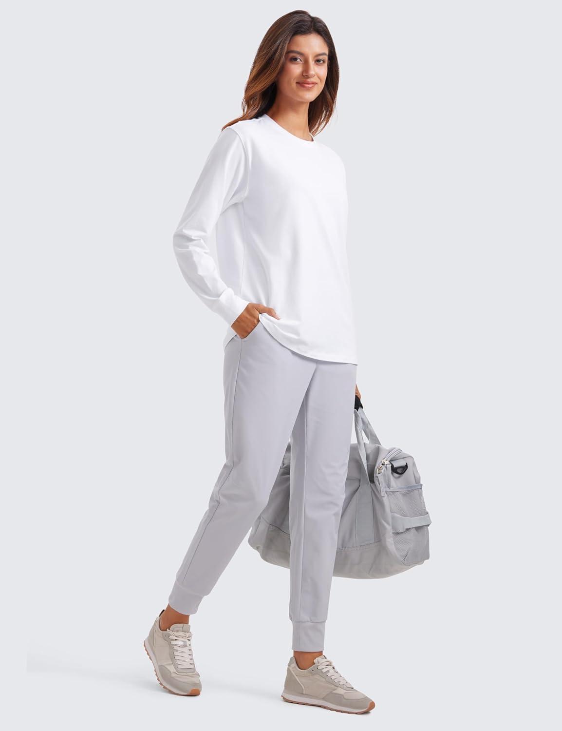 imageCRZ YOGA Pima Cotton Loose Long Sleeve Shirts for Women Workout Yoga Casual Tops Crew Neck Loose Basic Soft Fall TShirtWhite