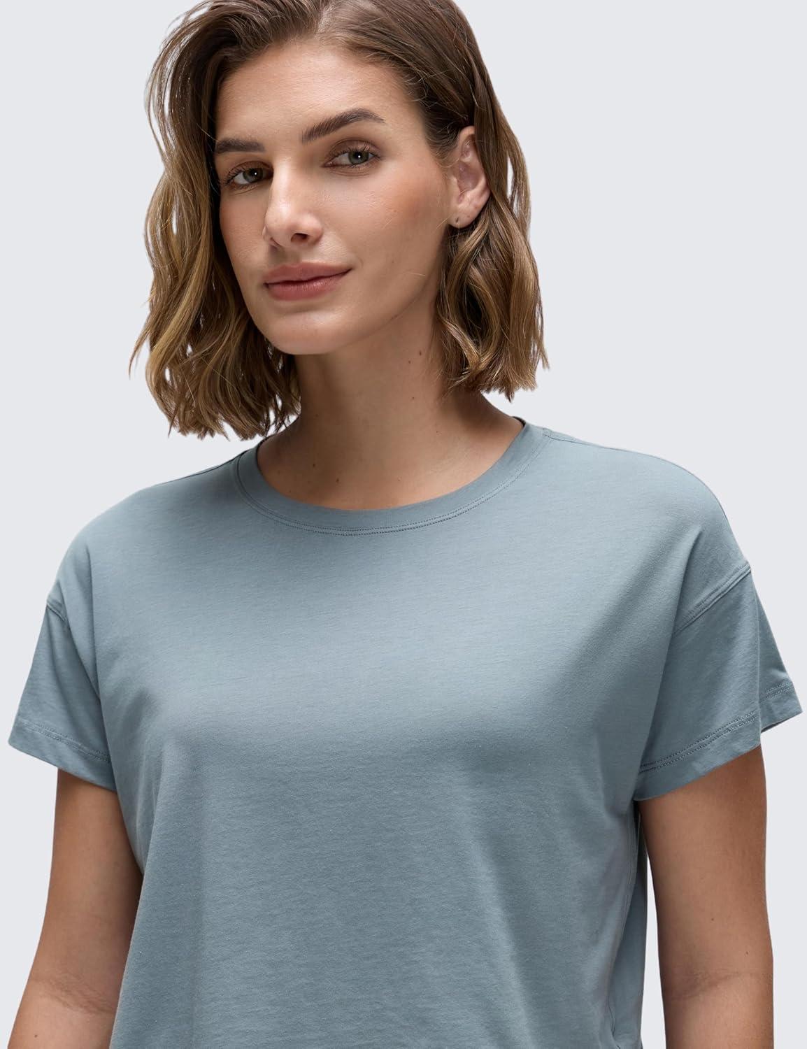 imageCRZ YOGA Pima Cotton Relaxed Crop TShirts for Women Workout Athletic Gym Casual Short Sleeve Shirts Loose Crewneck TopsBelgian Blue