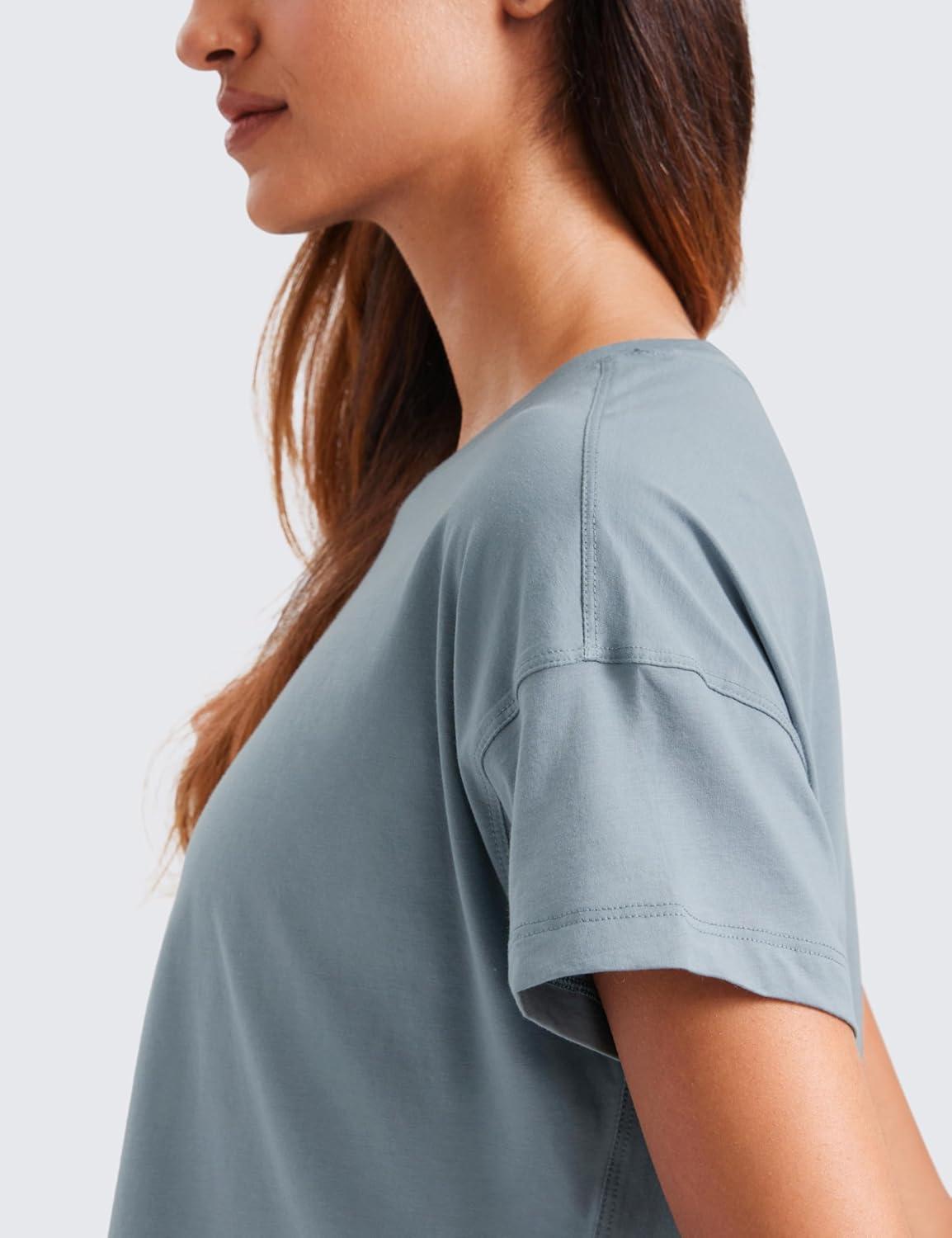 imageCRZ YOGA Pima Cotton Relaxed Crop TShirts for Women Workout Athletic Gym Casual Short Sleeve Shirts Loose Crewneck TopsBelgian Blue