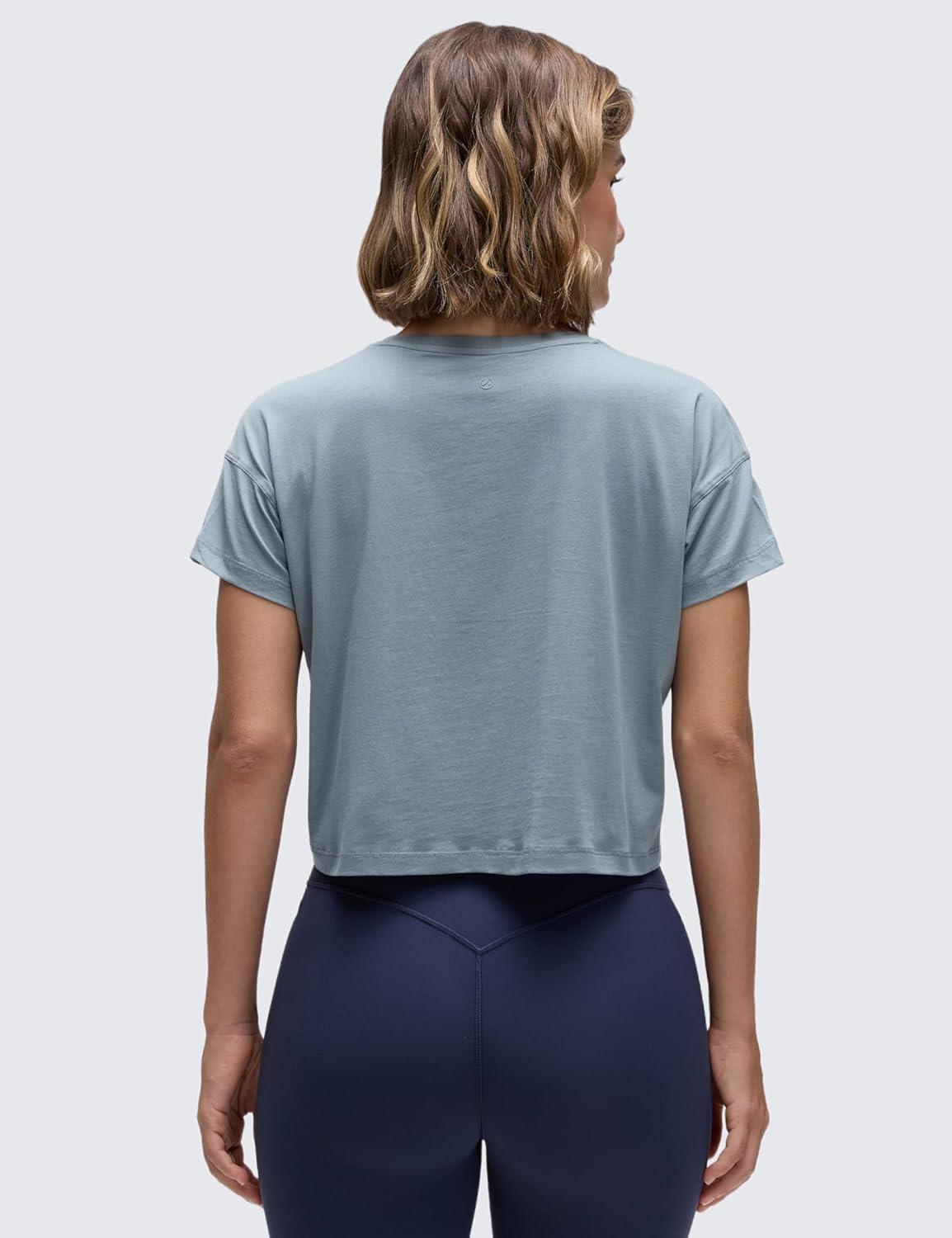 imageCRZ YOGA Pima Cotton Relaxed Crop TShirts for Women Workout Athletic Gym Casual Short Sleeve Shirts Loose Crewneck TopsBelgian Blue