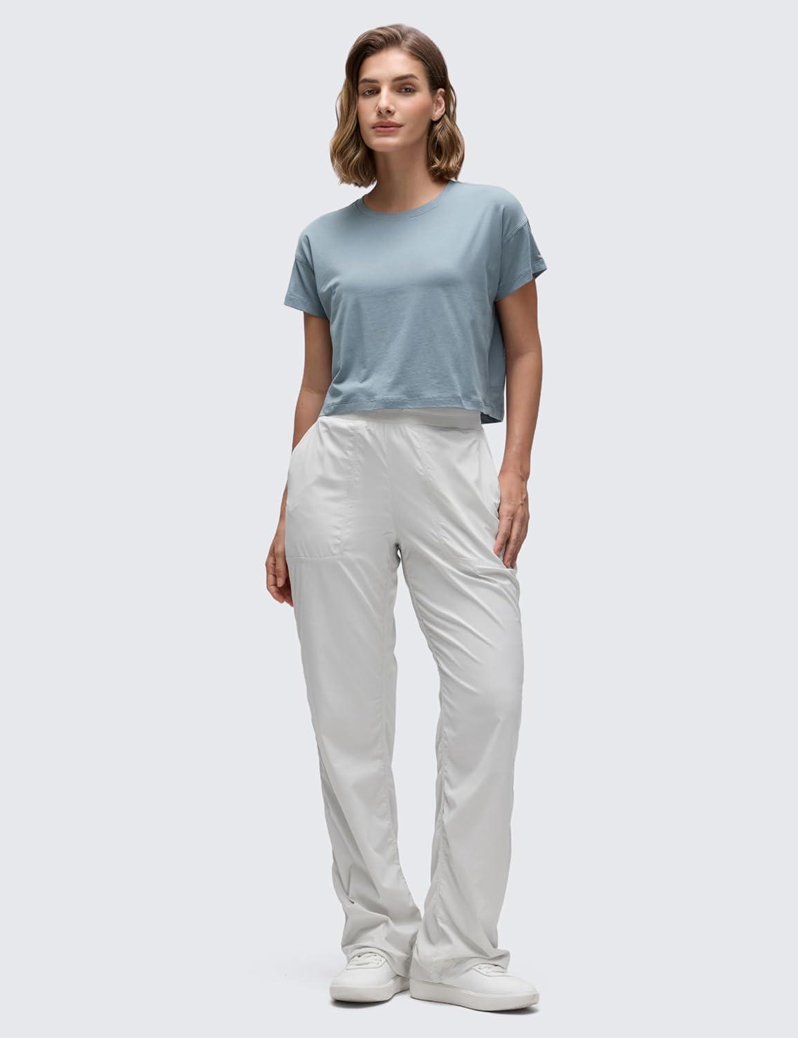 imageCRZ YOGA Pima Cotton Relaxed Crop TShirts for Women Workout Athletic Gym Casual Short Sleeve Shirts Loose Crewneck TopsBelgian Blue