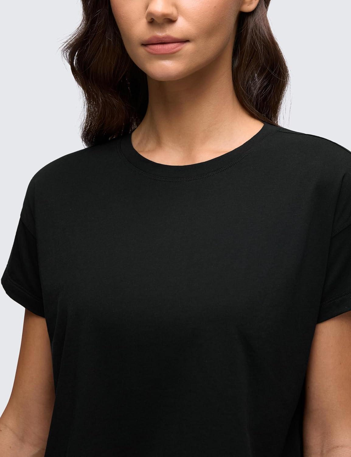 imageCRZ YOGA Pima Cotton Relaxed Crop TShirts for Women Workout Athletic Gym Casual Short Sleeve Shirts Loose Crewneck TopsBlack