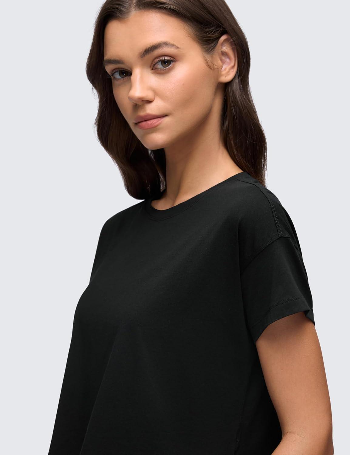 imageCRZ YOGA Pima Cotton Relaxed Crop TShirts for Women Workout Athletic Gym Casual Short Sleeve Shirts Loose Crewneck TopsBlack